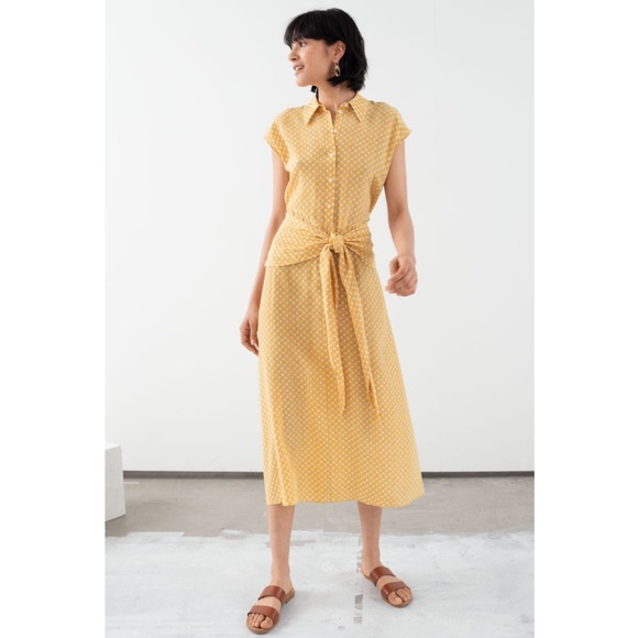 & Other Stories Waist Knot Midi Dress Yellow Polka Dot Tie Short Sleeve 0 - Picture 1 of 12